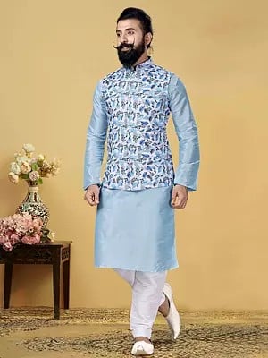 Sky-Blue Cotton Floral Printed Waistcoat With Dupion Silk Kurta Pajama