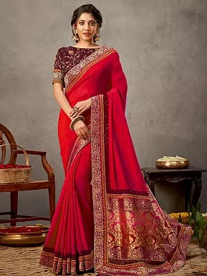 Dual Tone Silk Georgette Saree With Golden Floral Motif Border And Pallu