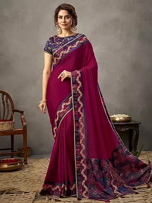 Silk Georgette Berry color Saree And Rose Motif In Pallu With Blouse