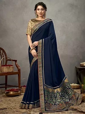 Satin Navy Blue Color Meenakari Silk Saree With Blouse