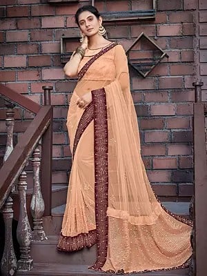Peach Colored Net Embroidered Traditional Saree With Blouse