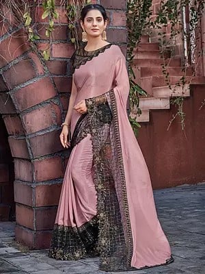 Light Mauve Pink Colored Silk Georgette Embroidered Saree With Blouse