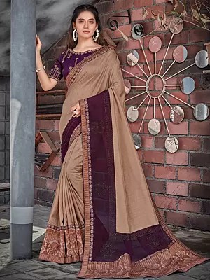 Beige-Purple Colored Tussar Silk Embroidered Saree With Blouse