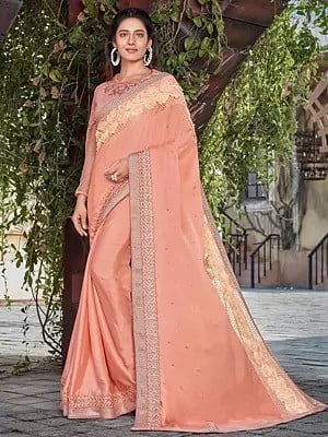 Peach Colored Satin Silk Embroidered Saree With Rose Motif In Border