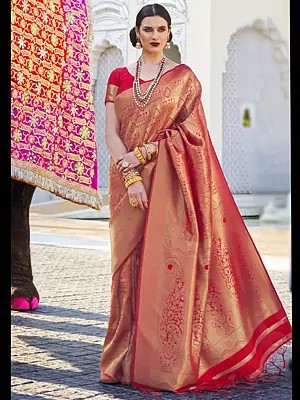 Pinkish-Red Kumbhi Silk Pure Handloom Weaving Silk Sarees