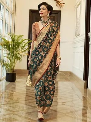 Floral Print Indian Patola Silk Saree With Contrast Border