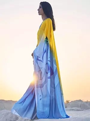 Sky Blue-Yellow Satin Crepe Digital Printed Saree