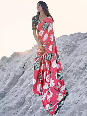 Casual Crepe Saree With Flowers Print For Women