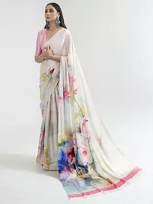 Beautiful Pearl White Floral Print Silk Saree For Women