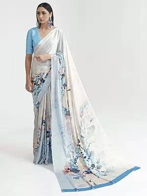 White-Skyblue Casual Wear Digital Printed Saree