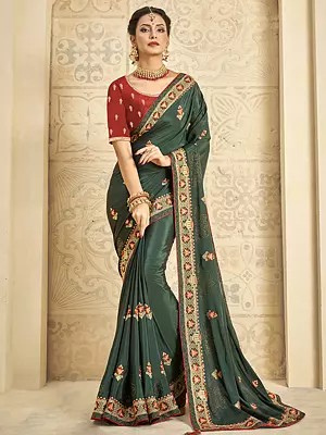 Crepe Silk Embroidered Traditional Gray-Asparagus Saree With Raw Silk Blouse