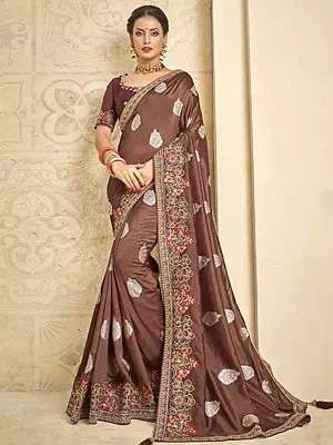 Khadi Silk Embroidered Deep Coffee Saree And Flower Motifs In Border With Raw Silk Blouse