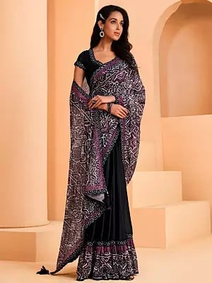 Satin Crepe Silk Embroidered Digital Sequence Night Black Saree With Brocade Blouse