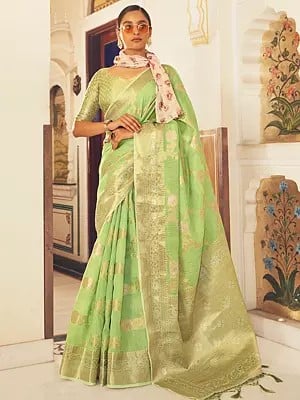Soft Linen Floral Woven Design Tassel Saree And Golden Border-Pallu With Blouse