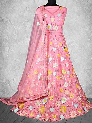 Cord and Sequins Floral Embroidered Satin Silk Bridal Lehenga with Net Dupatta