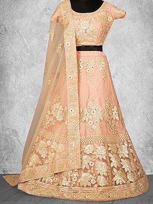 Light-Peach Cord Sequins Floral Embroidered Satin Silk Lehenga with Blouse and Net Dupatta for Wedding