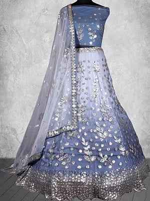 Floral Cord Sequins Embroidered Net Two Tone Bridal Lehenga with Dupatta for Wedding