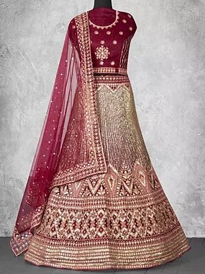 Sequins Embroidered Velvet Bridal Lehenga for Wedding with Blouse and Net Dupatta