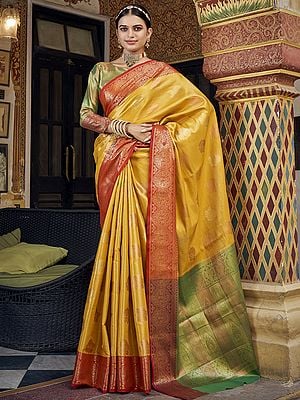 Banarasi Silk Zari Work Flower Pattern Traditional Saree With Blouse