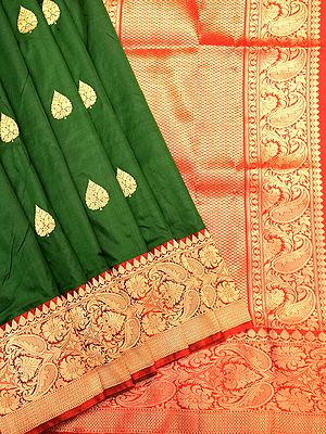 Jelly-Bean Pure Katan Silk Handloom Banarasi Kadwa Bootis Saree with Contrast Border-Blouse