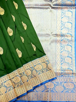 Abundant-Green Pure Katan Silk Banarasi Handloom Saree with Paisley Bootis and Contrast Border & Blouse