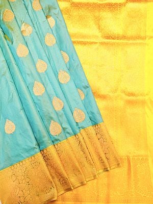 Cabana-Blue Handloom Pure Katan Silk Banarasi Saree with All-Over Bootis and Contrast Blouse-Border