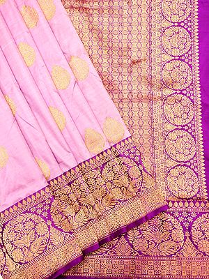 Roseate-Shoonbill Pure Katan Silk Handloom Saree with All-Over Bootis and Contrast Blouse & Border