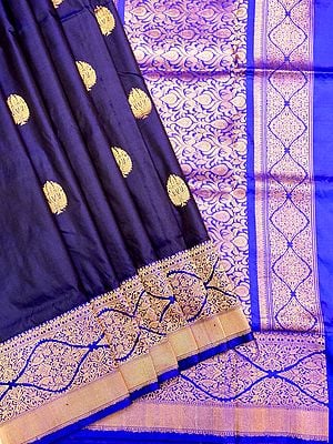 Deep-Blue Handloom Pure Katan Silk Kadwa Butti Saree with Contrast Blouse-Border