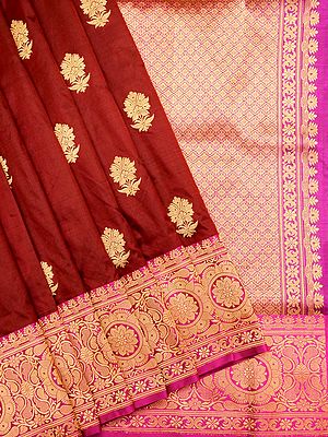 Rythmic-Red Pure Katan Silk Handloom Saree with Contrast Blouse & Border