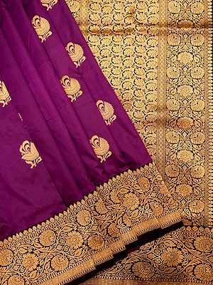 Beautyberry Pure Katan Silk Floral Butta Handloom Saree with Vine Pattern Contrast Border and Blouse