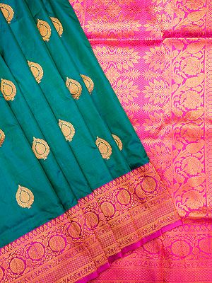 Maui-Blue Handloom Pure Katan Silk Saree with Floral Pattern Pink Contrast Border and Blouse