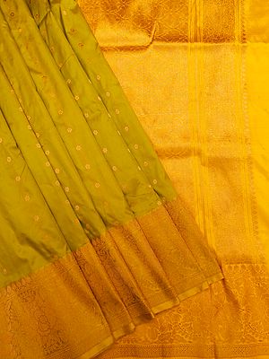 Green-Envy Pure Katan Silk Handloom Saree with All-Over Bootis and Contrast Border and Blouse