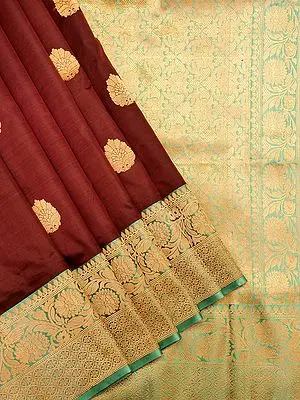 Fired-Brick Pure Katan Silk Handloom Saree with Bootis on All-Over and Contrast Border and Blouse