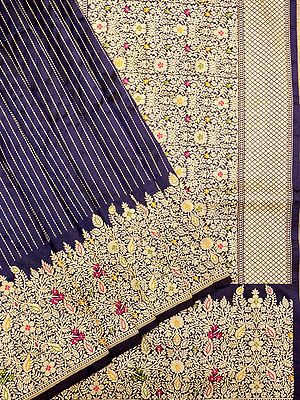 Blue-Depths Pure Katan Silk Stripe Handloom Saree With Meena Work Floral Jaal Border-Pallu