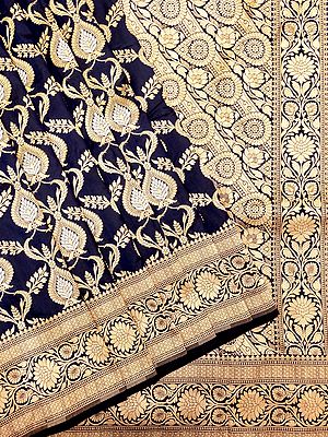 Pure Katan Silk Floral Jaal Handloom Saree with Vine Pattern Border