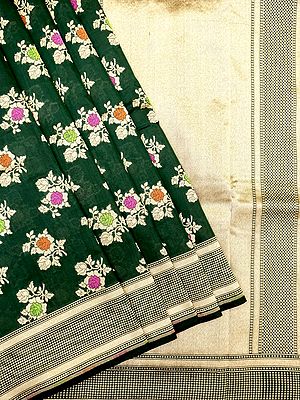 Evergreen Pure Katan Silk Meena Work Floral Motif Handloom Saree