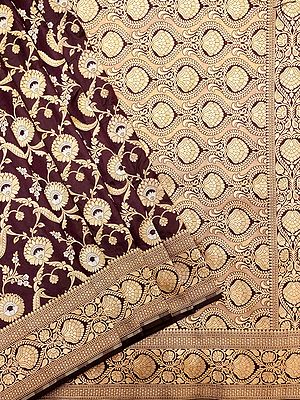 Madder-Brown Jaal Pattern Pure Katan Silk Handloom Saree with Floral Vine Border