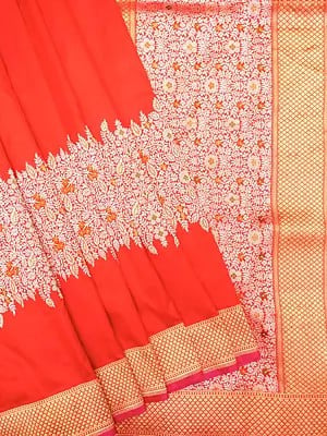 Fiery-Red Pure Katan Silk Handloom Saree with Meena Work Floral Pattern