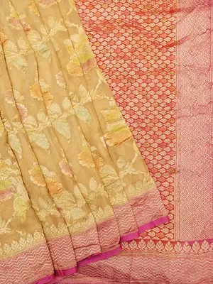 Buff-Yellow Khaddi Georgette Meena Work Floral Saree with Contrast Blouse & Border