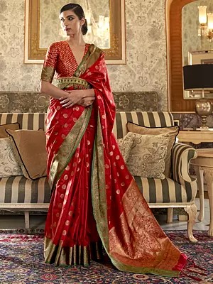 Guardsman-Red Traditional Silk Saree With Golden Buttas