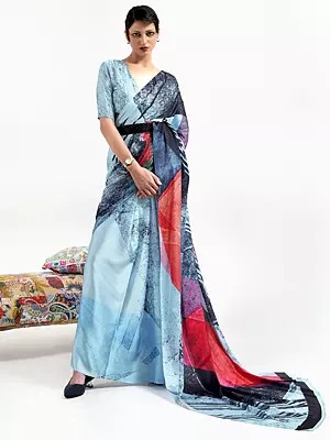Powder-Blue Soft Crepe Digital Printed Saree For Women