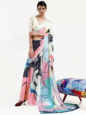 Multishaded Digital Printed Soft Crepe Saree With Blouse