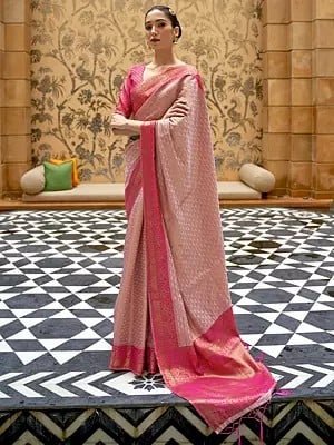 Saree In Pale Pink Silk For Wedding Wear With Blouse