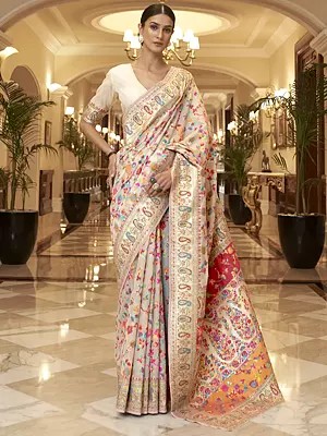 Floral Kashmiri Handloom Weaving Silk Sarees With Paisley Pattern
