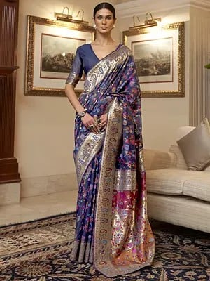 Floral Kashmiri Handloom Weaving Silk Sarees With Paisley Pattern