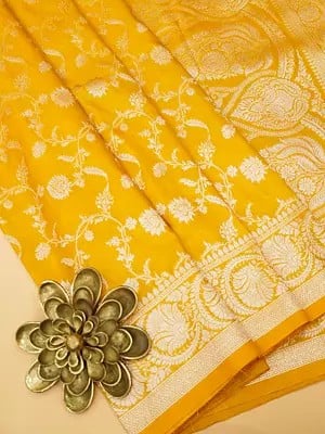 Super-Lemon Color Floral Vine Motifs Silk Saree with Blouse