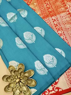 Horizon-Blue Katan Silk Borderless Saree with All-Over Floral Paisley Butta