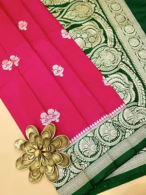 Pink-Peacock Floral Motifs Katan Silk Saree with Contrast Green Border
