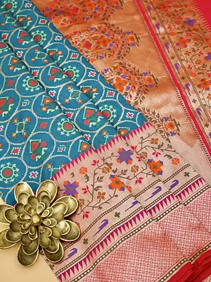 Horizon-Blue Patola Silk Saree with Contrast Wide Border