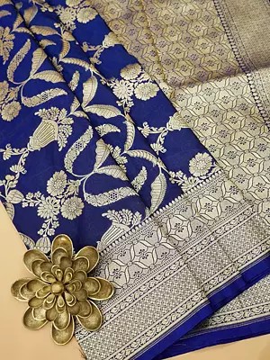 Mazarine-Blue Floral Pattern Tanchoi Weave Silk Saree